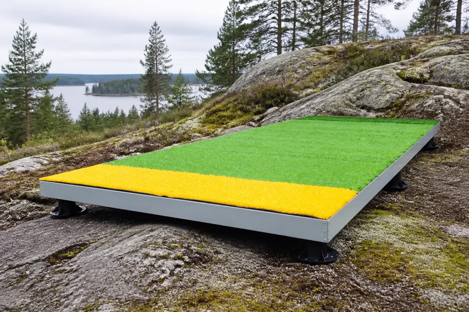 Täysimittainen Flatpad Revo säädettävillä jaloilla kallioisessa maastossa, tuotevisualisointi